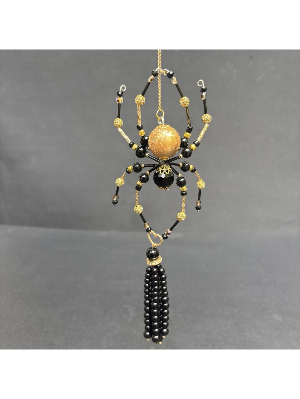 Black Gold Beaded Spider With Dangling Chain 12" length Gothic Decor VIDEO